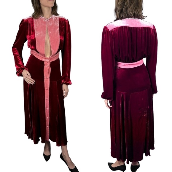 RAQUEL DINIZ EVA RUBY ROSE QUARTZ VELVET LONG SLEEVE CUTOUT A LINE MIDI DRESS - Picture 2 of 14